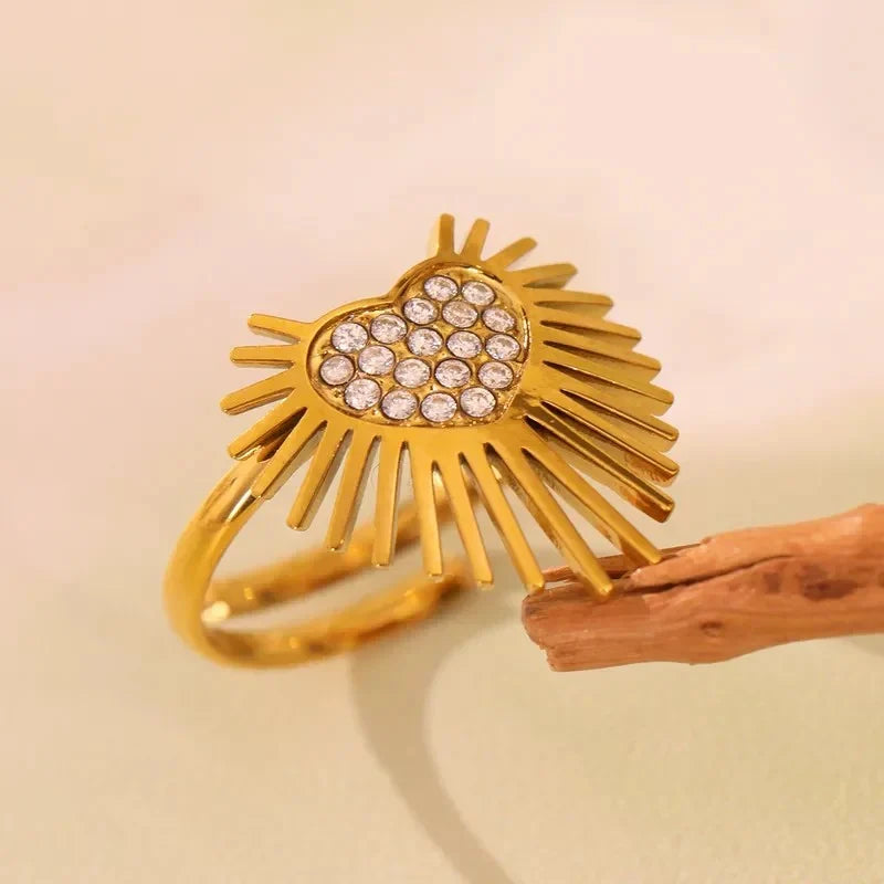 18K Gold Plated Sacred Heart Adjustable Ring - Anti-Tarnish Cubic Zirconia Sunburst Ring