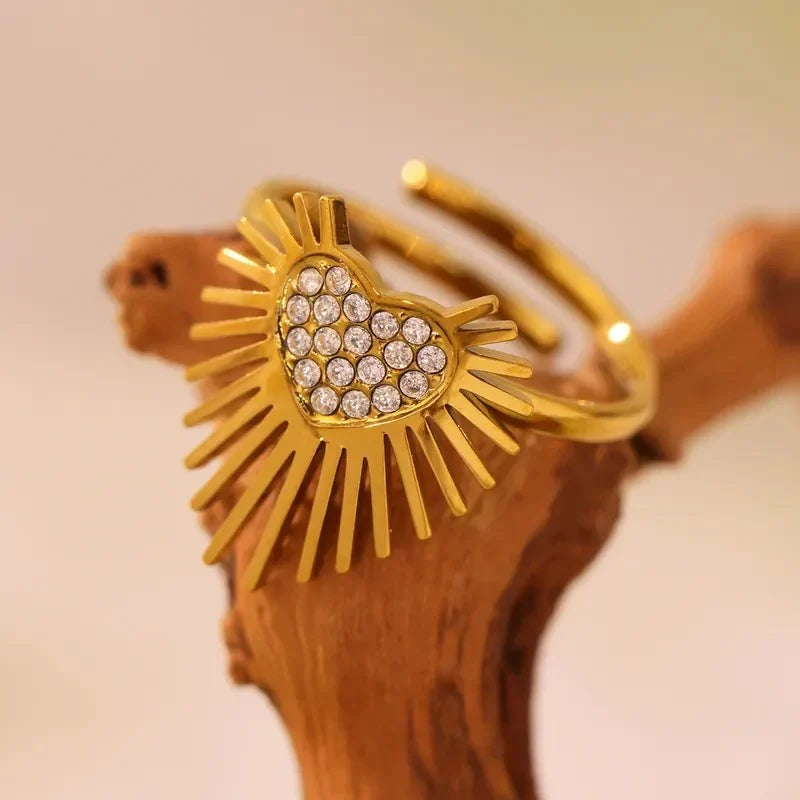 18K Gold Plated Sacred Heart Adjustable Ring - Anti-Tarnish Cubic Zirconia Sunburst Ring