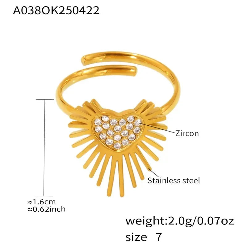 18K Gold Plated Sacred Heart Adjustable Ring - Anti-Tarnish Cubic Zirconia Sunburst Ring