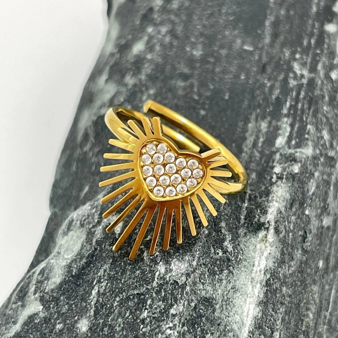 18K Gold Plated Sacred Heart Adjustable Ring - Anti-Tarnish Cubic Zirconia Sunburst Ring