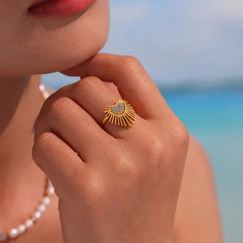 18K Gold Plated Sacred Heart Adjustable Ring - Anti-Tarnish Cubic Zirconia Sunburst Ring