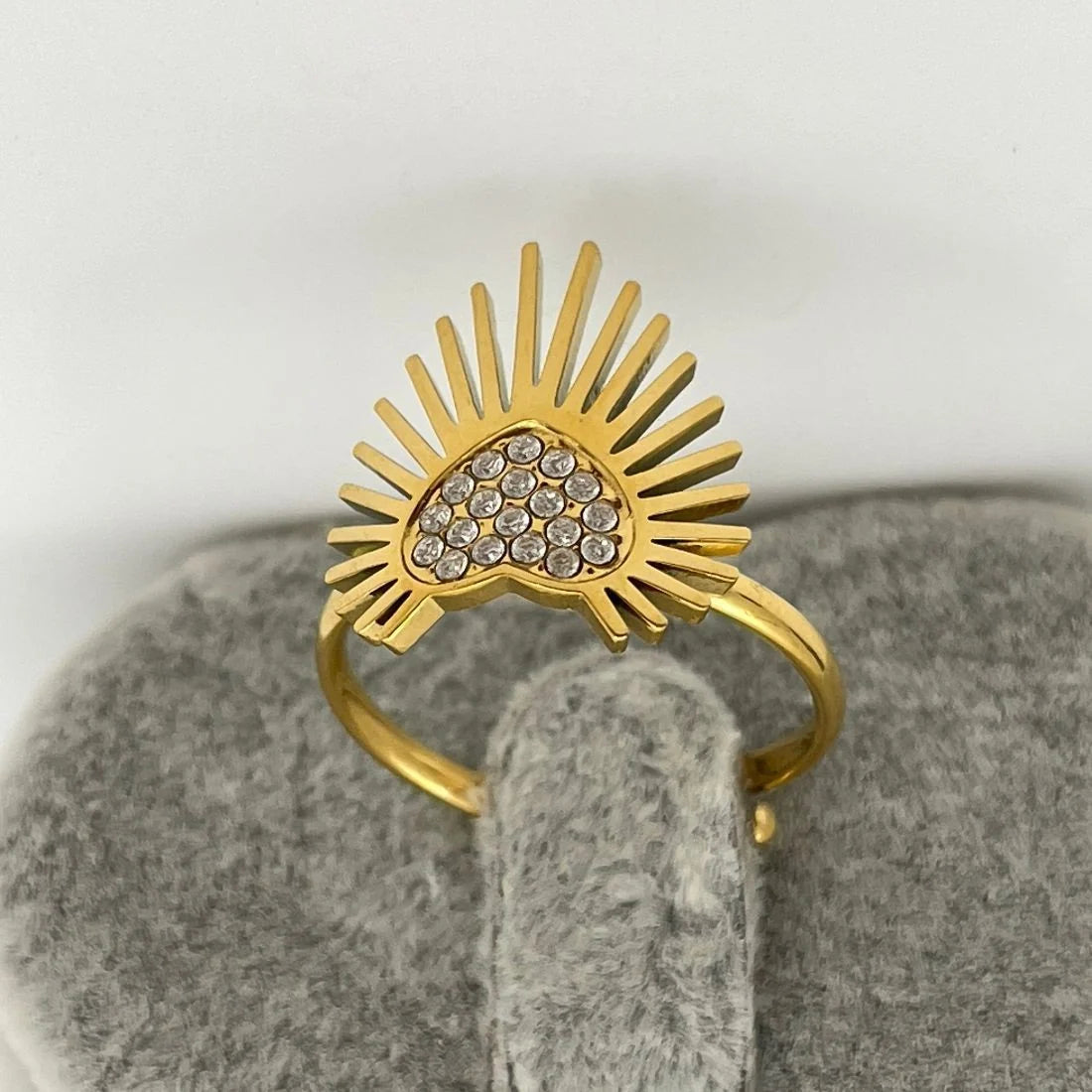 18K Gold Plated Sacred Heart Adjustable Ring - Anti-Tarnish Cubic Zirconia Sunburst Ring