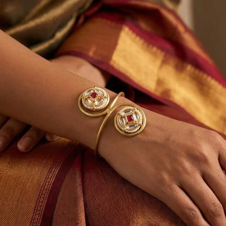 Adjustable Traditional Gold Plated Kundan Pearl Cuff Bracelet