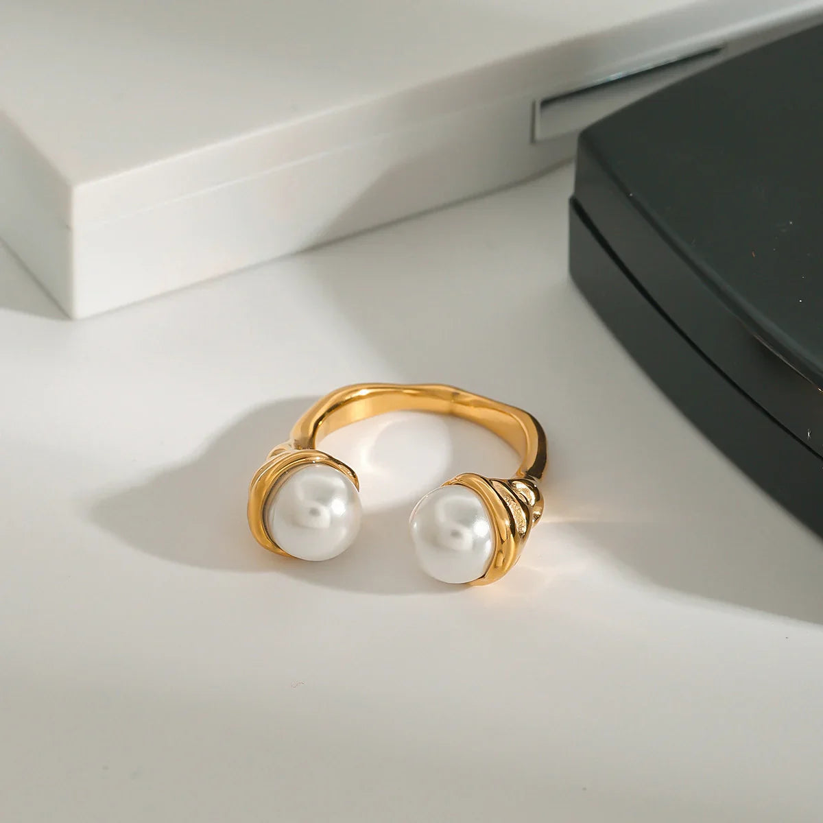 Anti-Tarnish Stainless Steel Adjustable Pearl Statement Ring