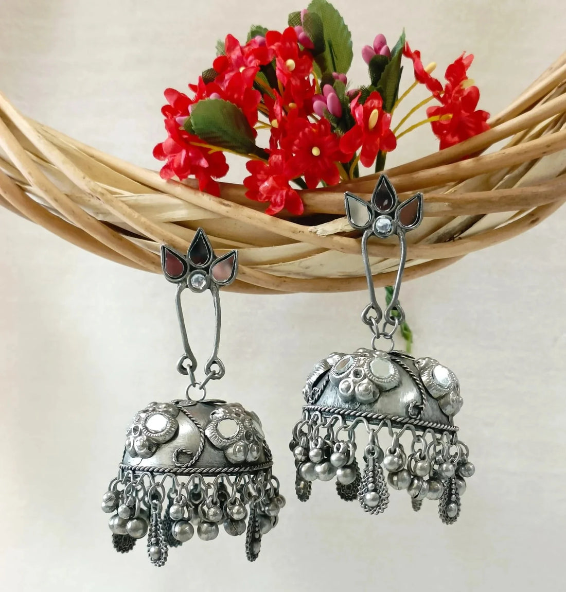 Antique Mirror Work Oxidised Jhumka Earrings, Silver-Plated Dome Statement Danglers