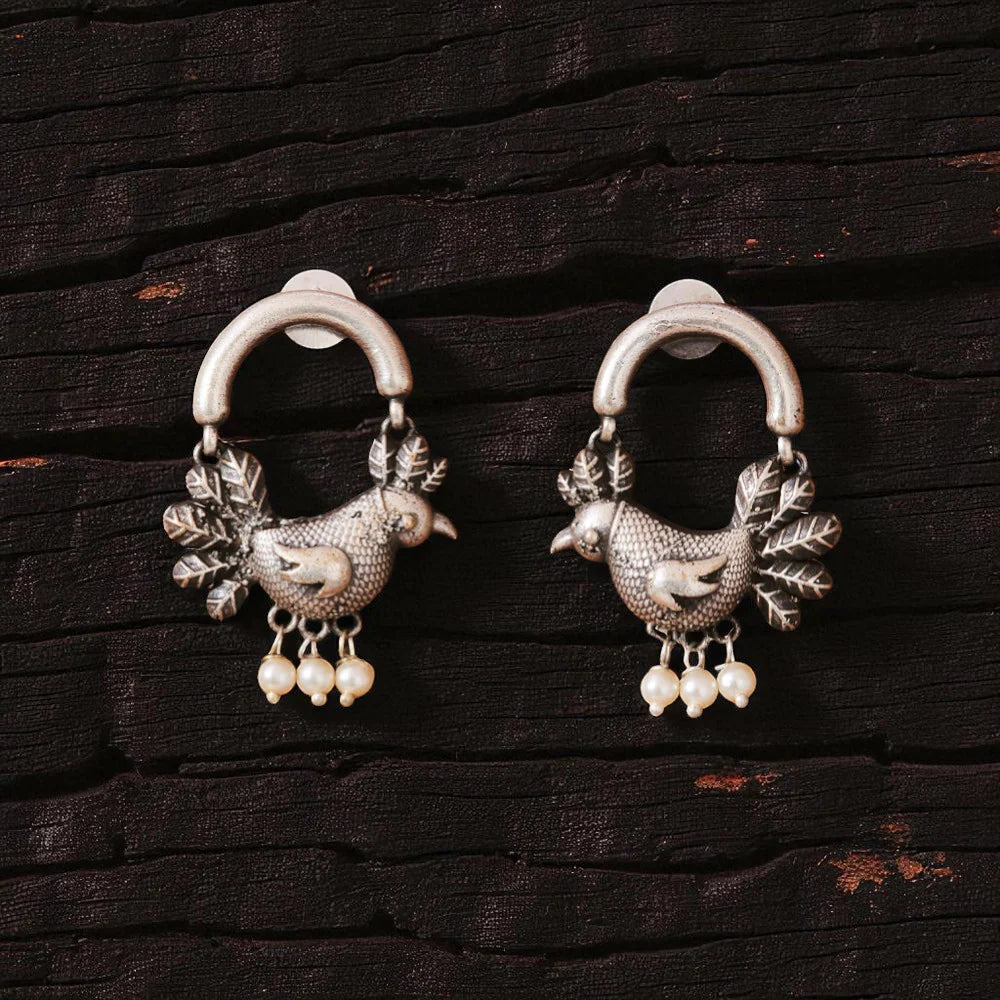 Antique Oxidised Silver Sparrow Pearl Jhumka Danglers
