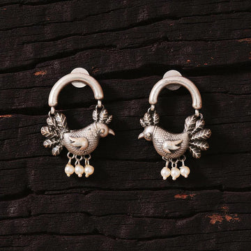 Antique Oxidised Silver Sparrow Pearl Jhumka Danglers