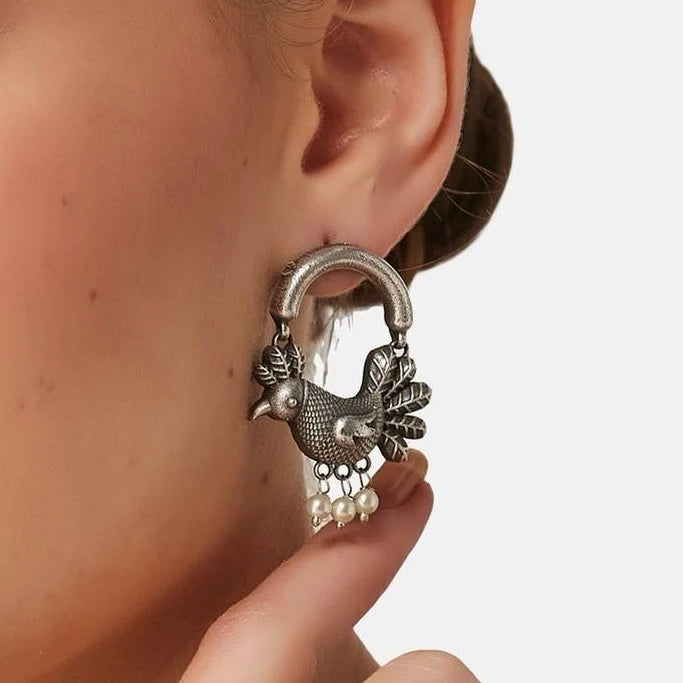 Antique Oxidised Silver Sparrow Pearl Jhumka Danglers