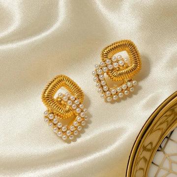 Aria Rhombus Pearl Drop Earrings, 18K Gold Plated & Waterproof