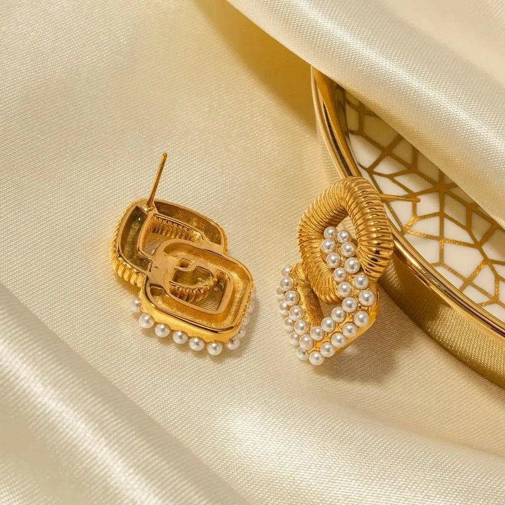 Aria Rhombus Pearl Drop Earrings, 18K Gold Plated & Waterproof
