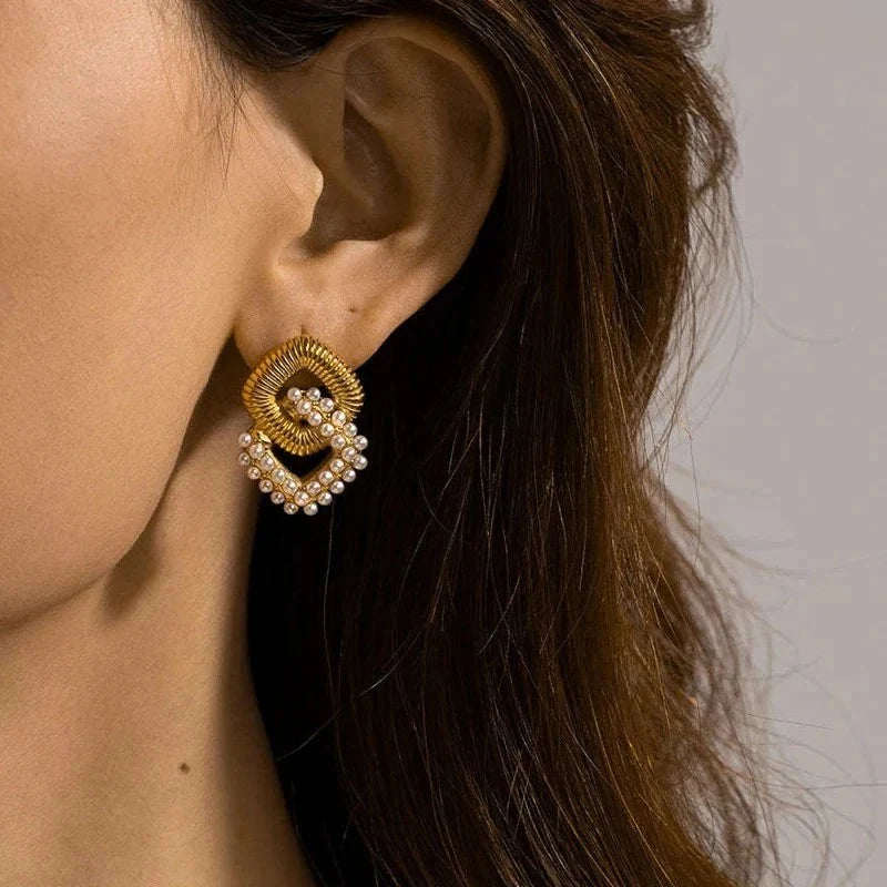 Aria Rhombus Pearl Drop Earrings, 18K Gold Plated & Waterproof