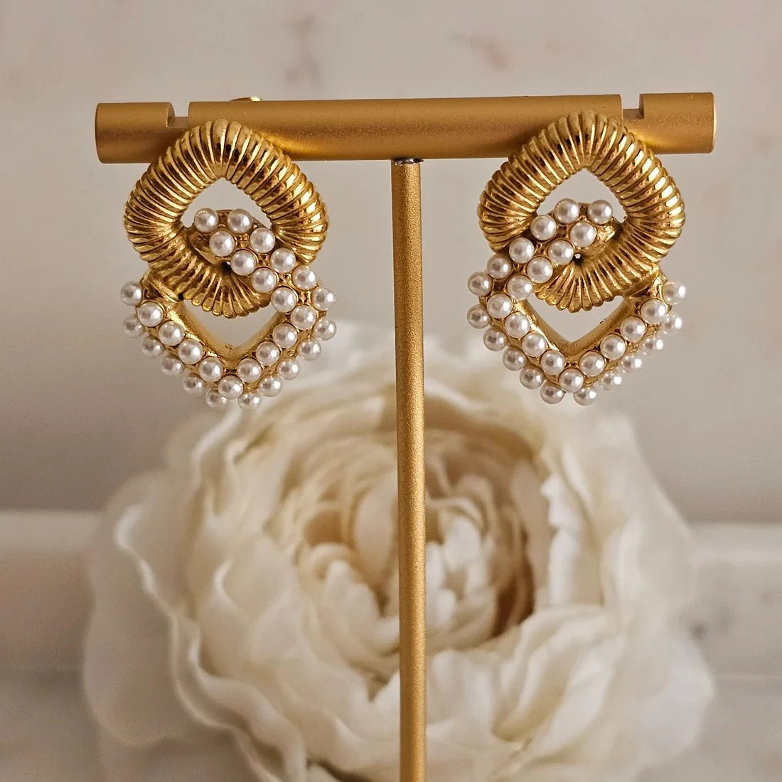 Aria Rhombus Pearl Drop Earrings, 18K Gold Plated & Waterproof