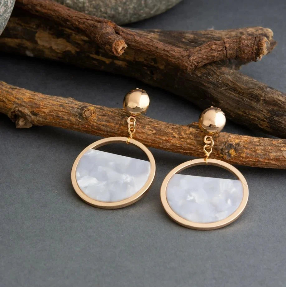 Aura Milky White Acrylic Drop Earrings, Lightweight Circular Danglers