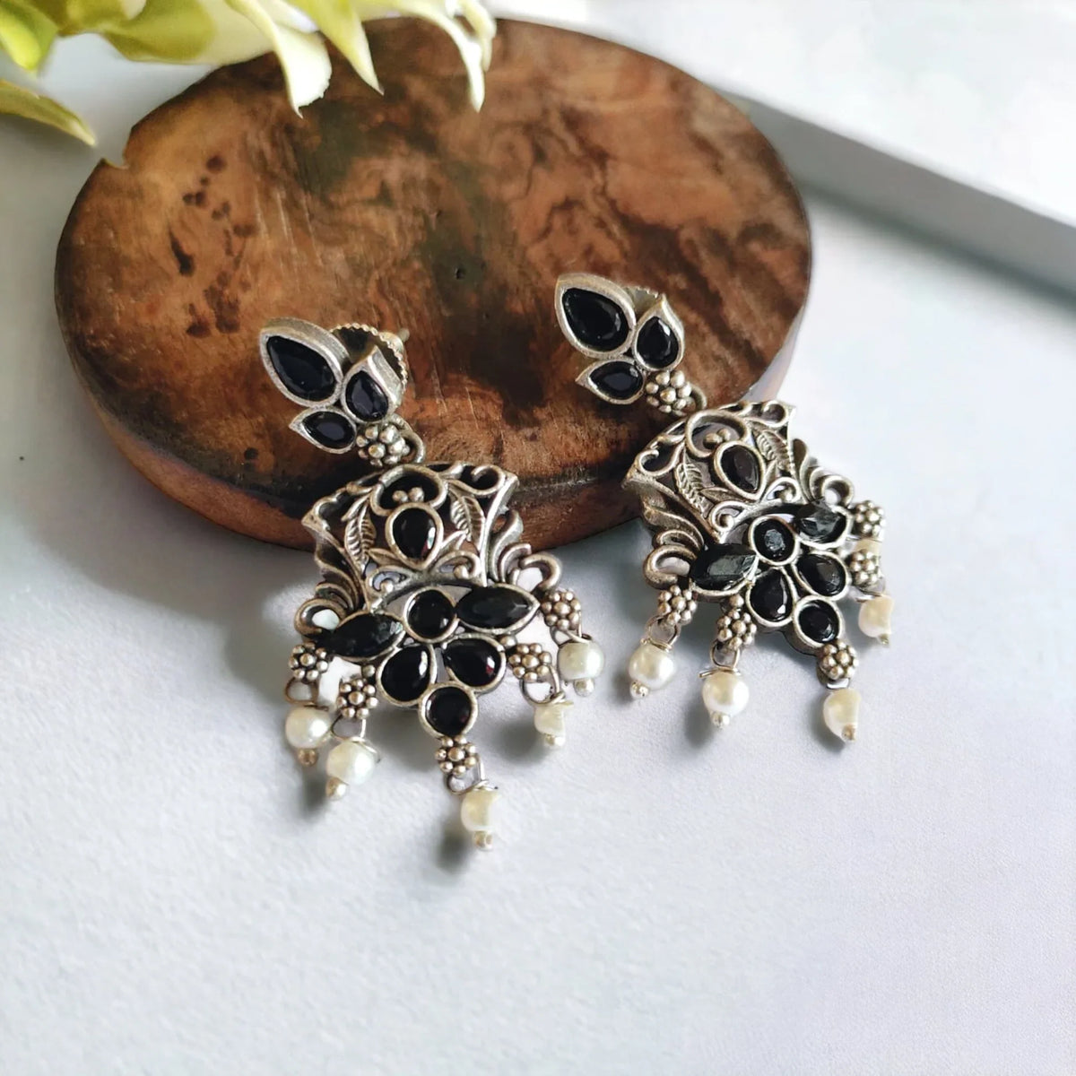 Black Stone Oxidised Silver Dangler Earrings With Pearls