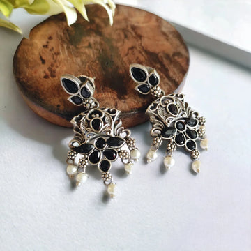 Black Stone Oxidised Silver Dangler Earrings With Pearls