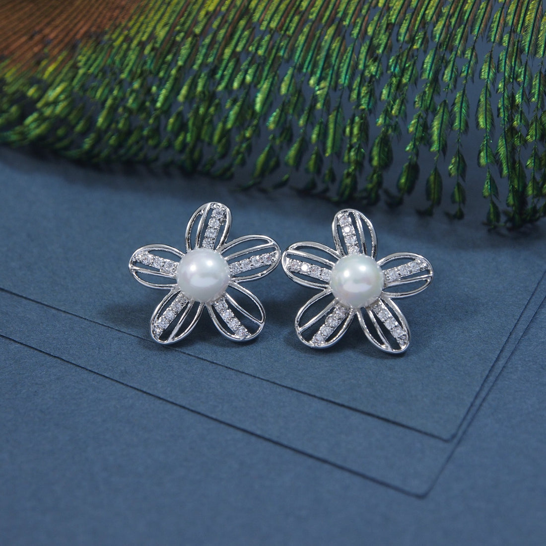 Kalatmika Blossom Pearl & Crystal Stud Earrings in Silver