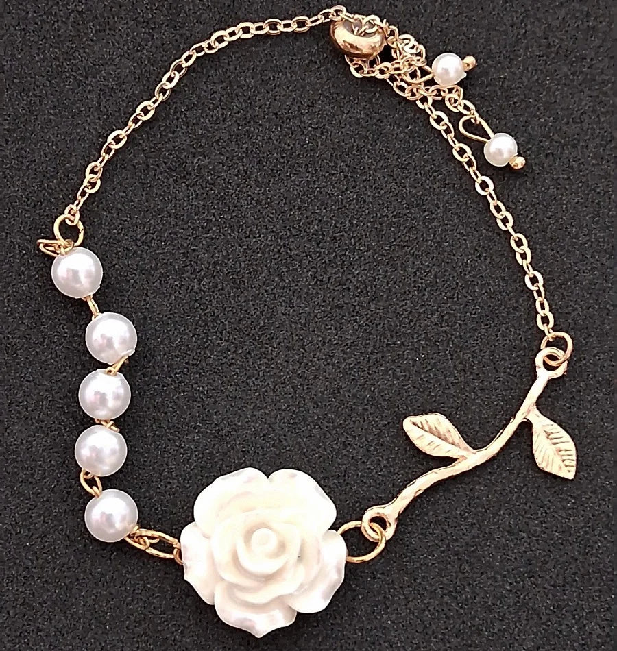 Camellia Flower Pearl Bracelet, Korean Style Gold Floral Charm Bracelet