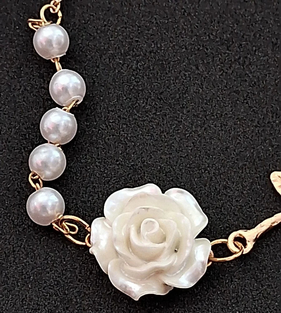 Camellia Flower Pearl Bracelet, Korean Style Gold Floral Charm Bracelet