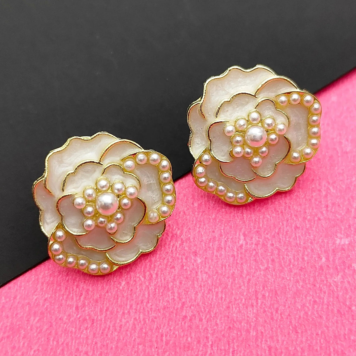 Camellia Pearl Studs, Korean Style Floral Earrings