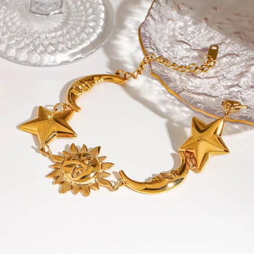 Celestial Sun Moon Star Charm Bracelet, 18K Gold Cuban Link Jewelry