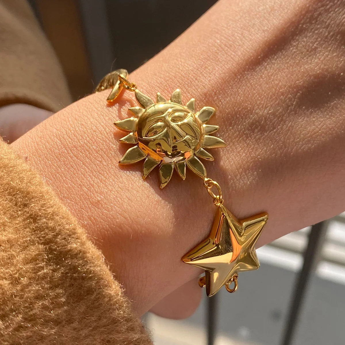 Celestial Sun Moon Star Charm Bracelet, 18K Gold Cuban Link Jewelry