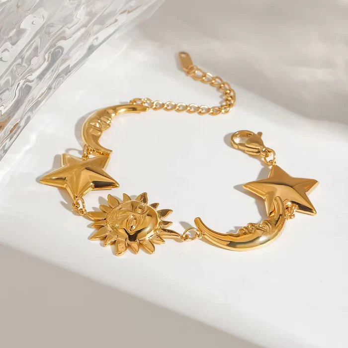 Celestial Sun Moon Star Charm Bracelet, 18K Gold Cuban Link Jewelry