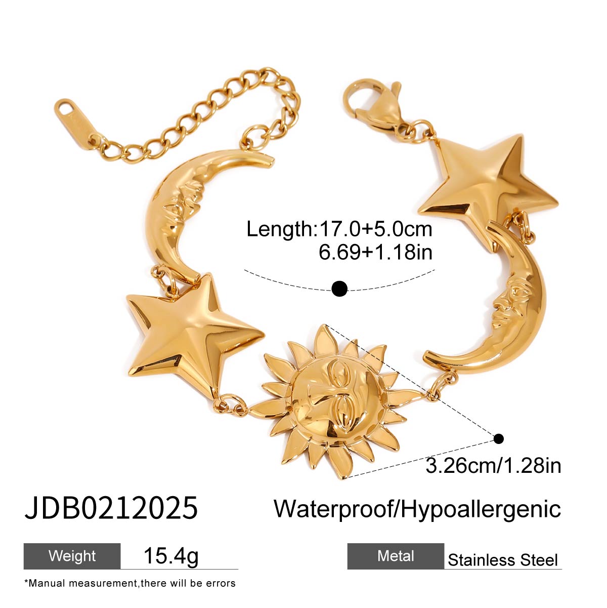 Celestial Sun Moon Star Charm Bracelet, 18K Gold Cuban Link Jewelry