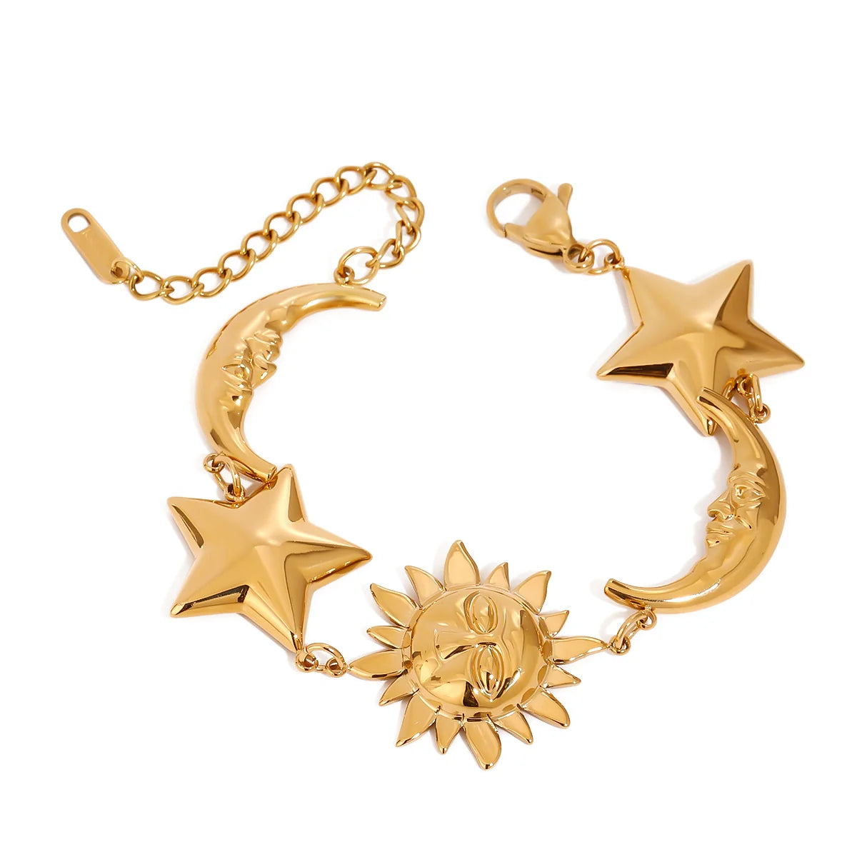 Celestial Sun Moon Star Charm Bracelet, 18K Gold Cuban Link Jewelry