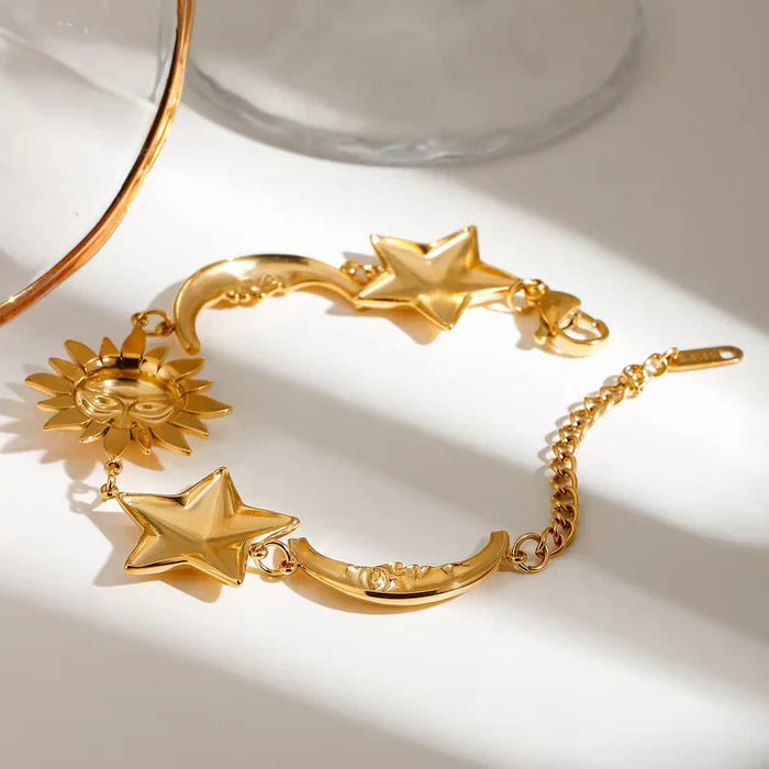 Celestial Sun Moon Star Charm Bracelet, 18K Gold Cuban Link Jewelry