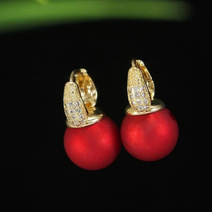 Dainty Gold-Plated K-Fashion Red Pearl Huggies, Sparkly Zirconia Accent Earrings