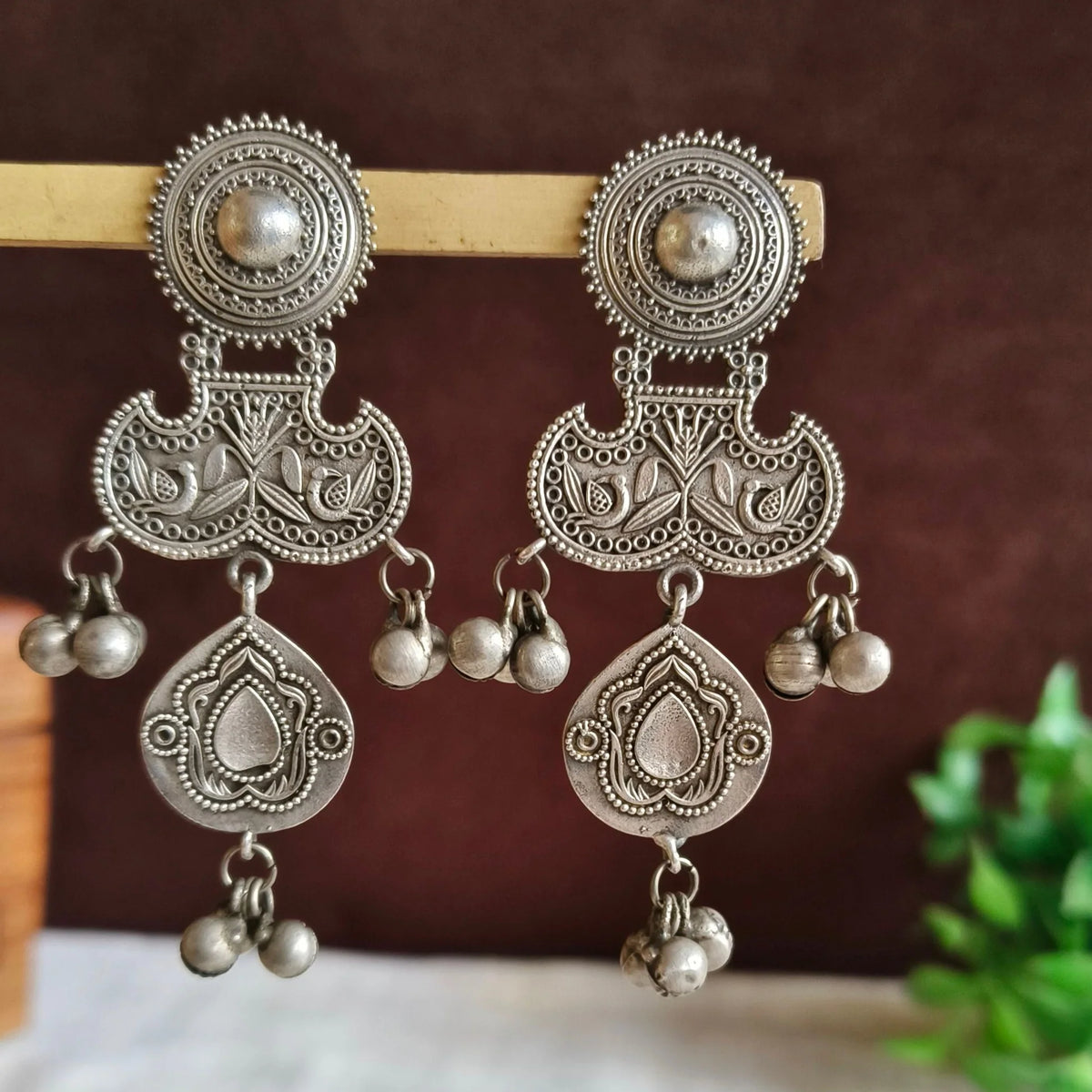 Devi Antique Silver Peacock Art Statement Danglers