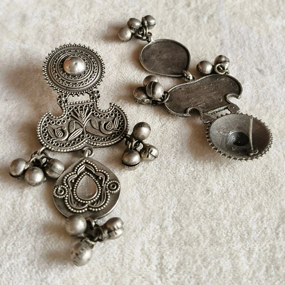 Devi Antique Silver Peacock Art Statement Danglers