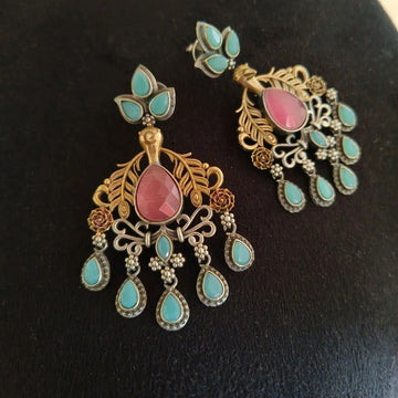 Dual-Tone Royal Peacock Stone-Studded Danglers – Pink and Mint Festive Statement Earrings