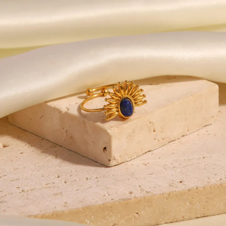 Kalatmika Elegant 18K Gold-Plated Natural Stone Sunburst Ring for Women