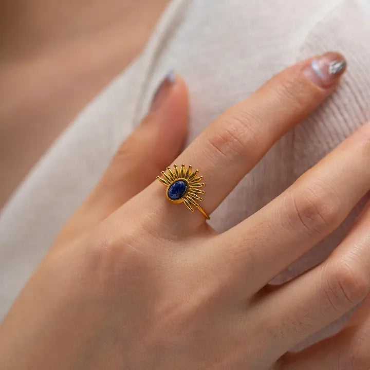 Kalatmika Elegant 18K Gold-Plated Natural Stone Sunburst Ring for Women