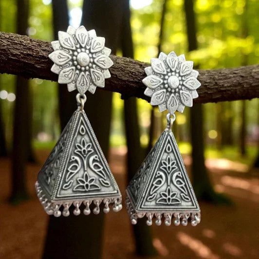 Elegant Floral Oxidised Jhumka Earrings, Silver-Plated Antique Ethnic Danglers