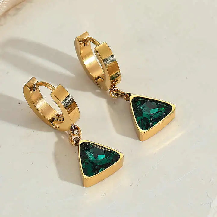 Emerald Envy Geometric Drop Earrings, 18K Gold Plated & Anti-Tarnish