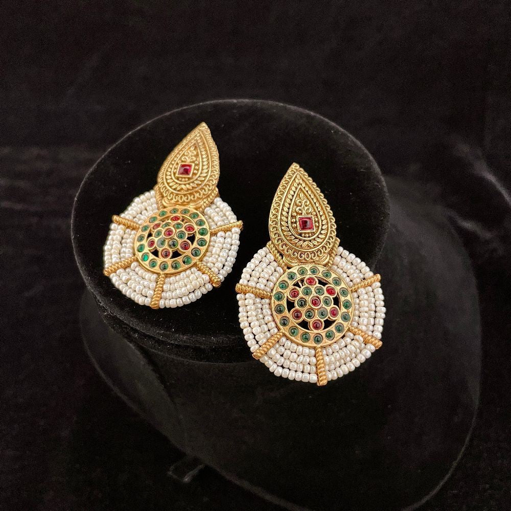 Festive Gold-Plated Ruby & Emerald Seed Bead Drop Earrings
