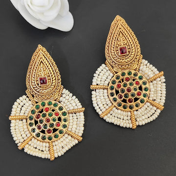 Festive Gold-Plated Ruby & Emerald Seed Bead Drop Earrings