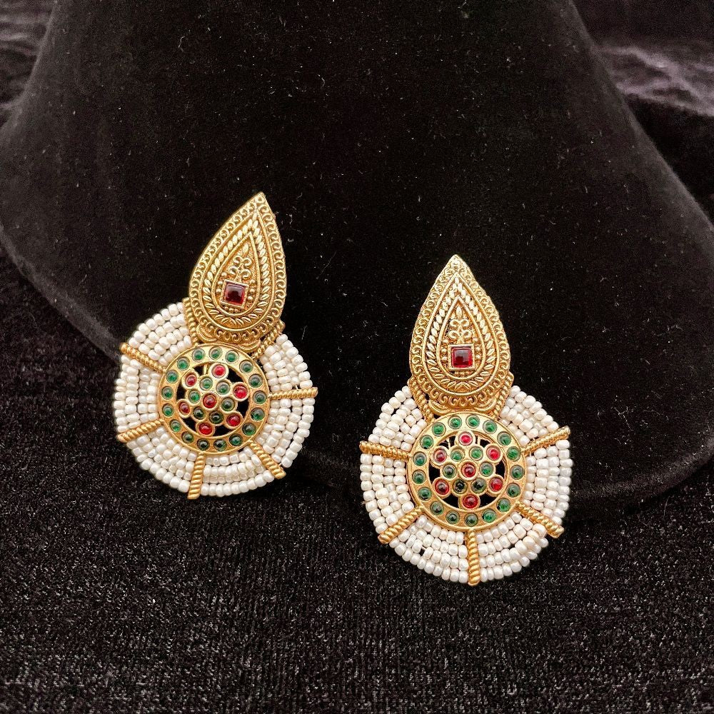 Festive Gold-Plated Ruby & Emerald Seed Bead Drop Earrings