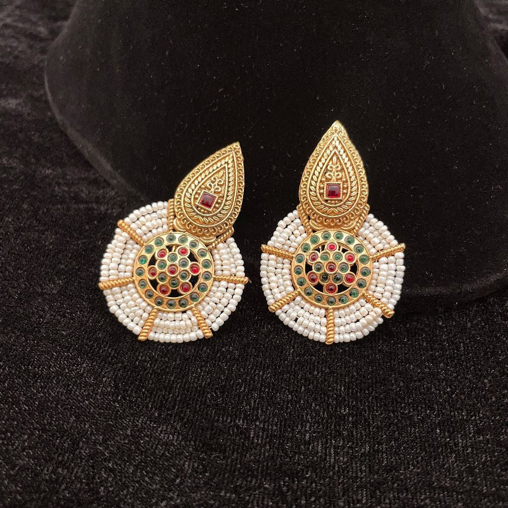 Festive Gold-Plated Ruby & Emerald Seed Bead Drop Earrings