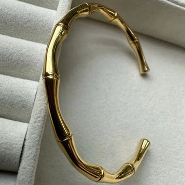 Gold-Plated Bamboo Cuff Bracelet for Women, Minimalist Statement Slip-On Bangle