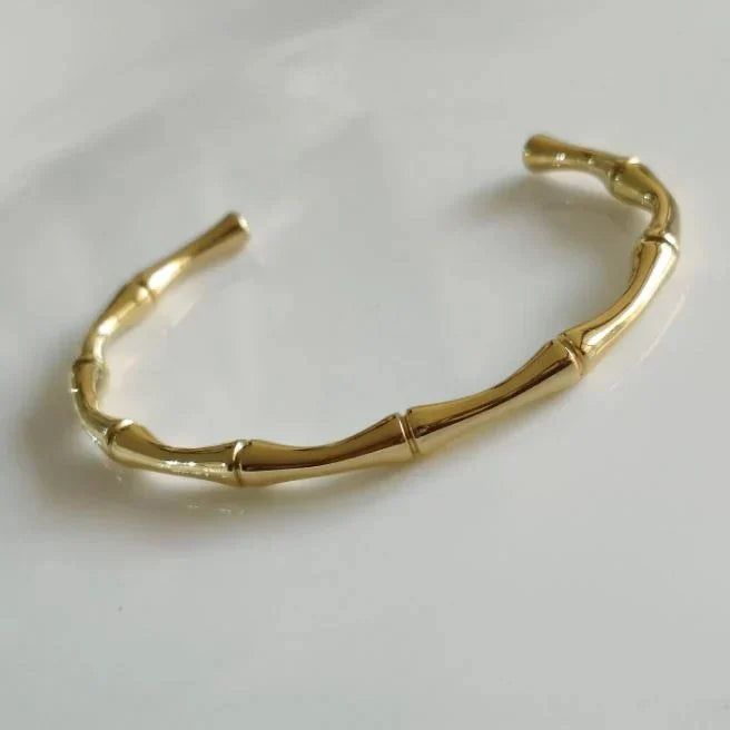 Gold-Plated Bamboo Cuff Bracelet for Women, Minimalist Statement Slip-On Bangle