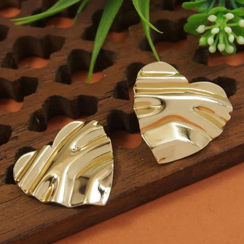 Gold-Plated Crushed Heart Stud Earrings, Stainless Steel Wavy Heart Studs
