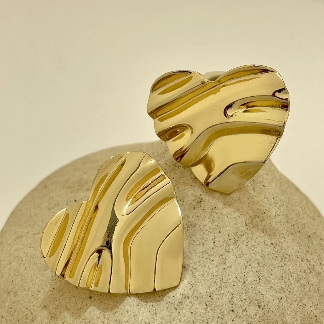 Gold-Plated Crushed Heart Stud Earrings, Stainless Steel Wavy Heart Studs