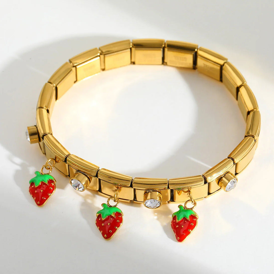 Golden Strawberry Charm Bracelet With Sparkling Zirconia Accents