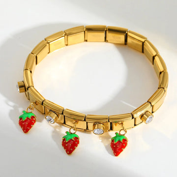 Golden Strawberry Charm Bracelet With Sparkling Zirconia Accents