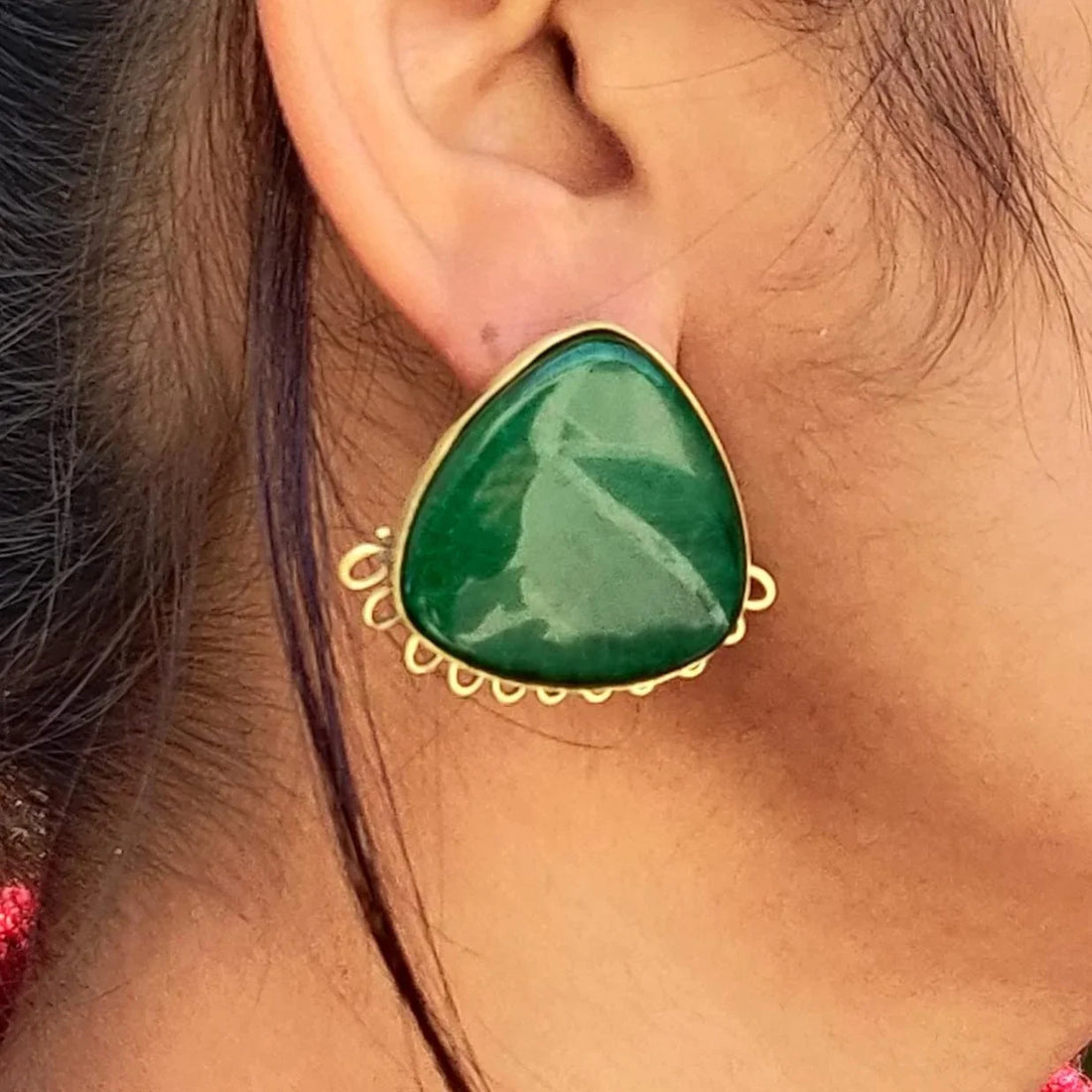 Green Resin & Brass Antique Handmade Stud Earrings