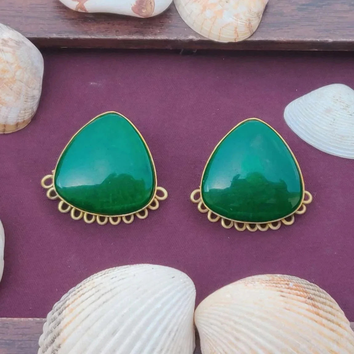 Green Resin & Brass Antique Handmade Stud Earrings