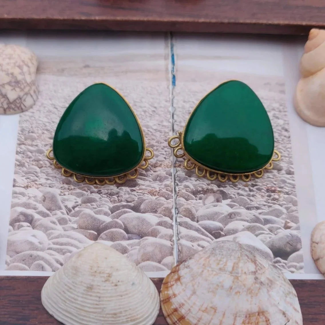 Green Resin & Brass Antique Handmade Stud Earrings